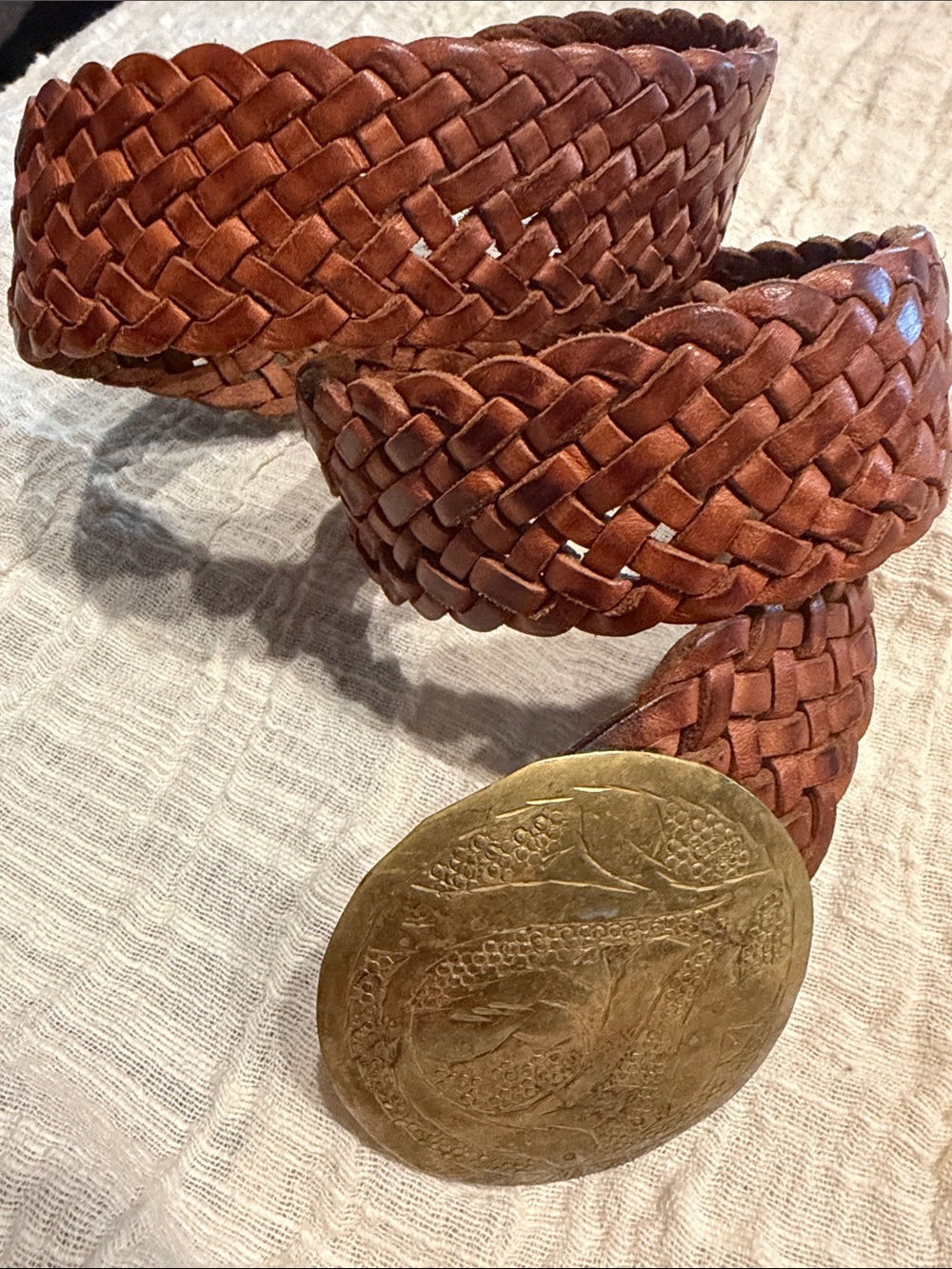 Braided Leather Belt with Decorative Brass Buckle - Brown